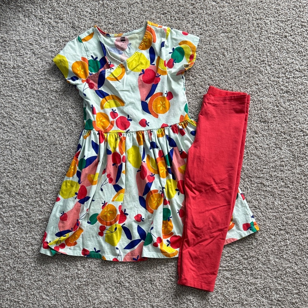 Tea Collection Colorful Fruit Print Dress with Red Leggings
